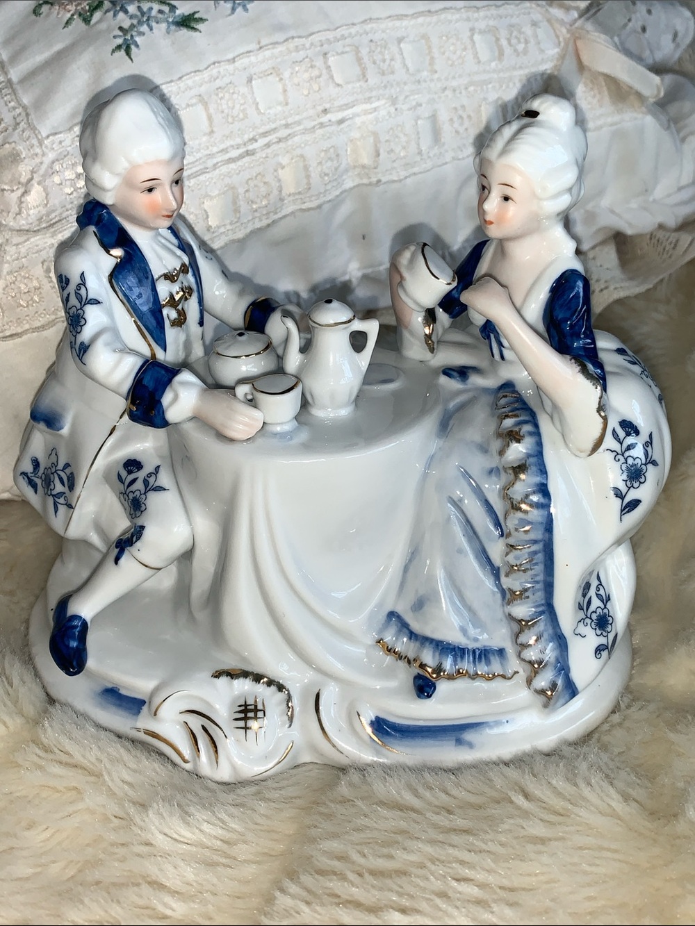 Vintage ceramic figurine Victorian tea time